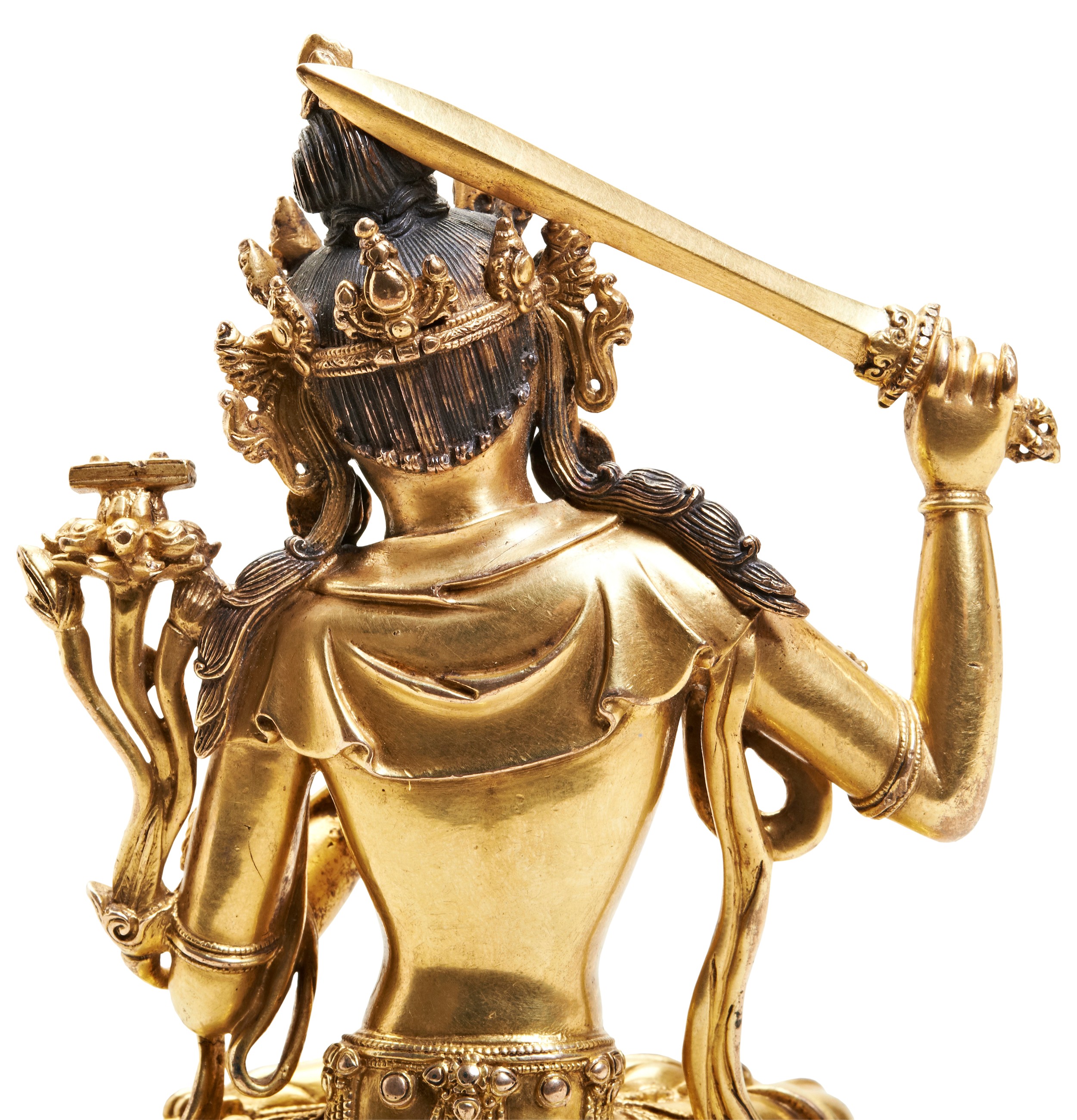 A FINE GILT BRONZE FIGURE OF MANJUSHRI YONGLE SIX CHARACTER MARK AND PROBABLY OF THE PERIOD  明 - Image 8 of 9