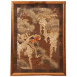 A FINE JAPANESE EMBROIDERED SILK PICTURE OF A PARROT  MEIJI PERIOD (1868-1912) finely worked in