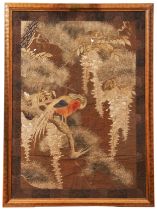 A FINE JAPANESE EMBROIDERED SILK PICTURE OF A PARROT  MEIJI PERIOD (1868-1912) finely worked in