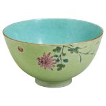 A LIME-GREEN GROUND SCRAFFITO-DECORATED FAMILLE ROSE BOWL LATE QING DYNASTY with an apocryphal