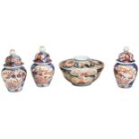 A GROUP OF JAPANESE IMARI WARES MEIJI PERIOD (1868-1912) comprising three covered jarlets, a bowl