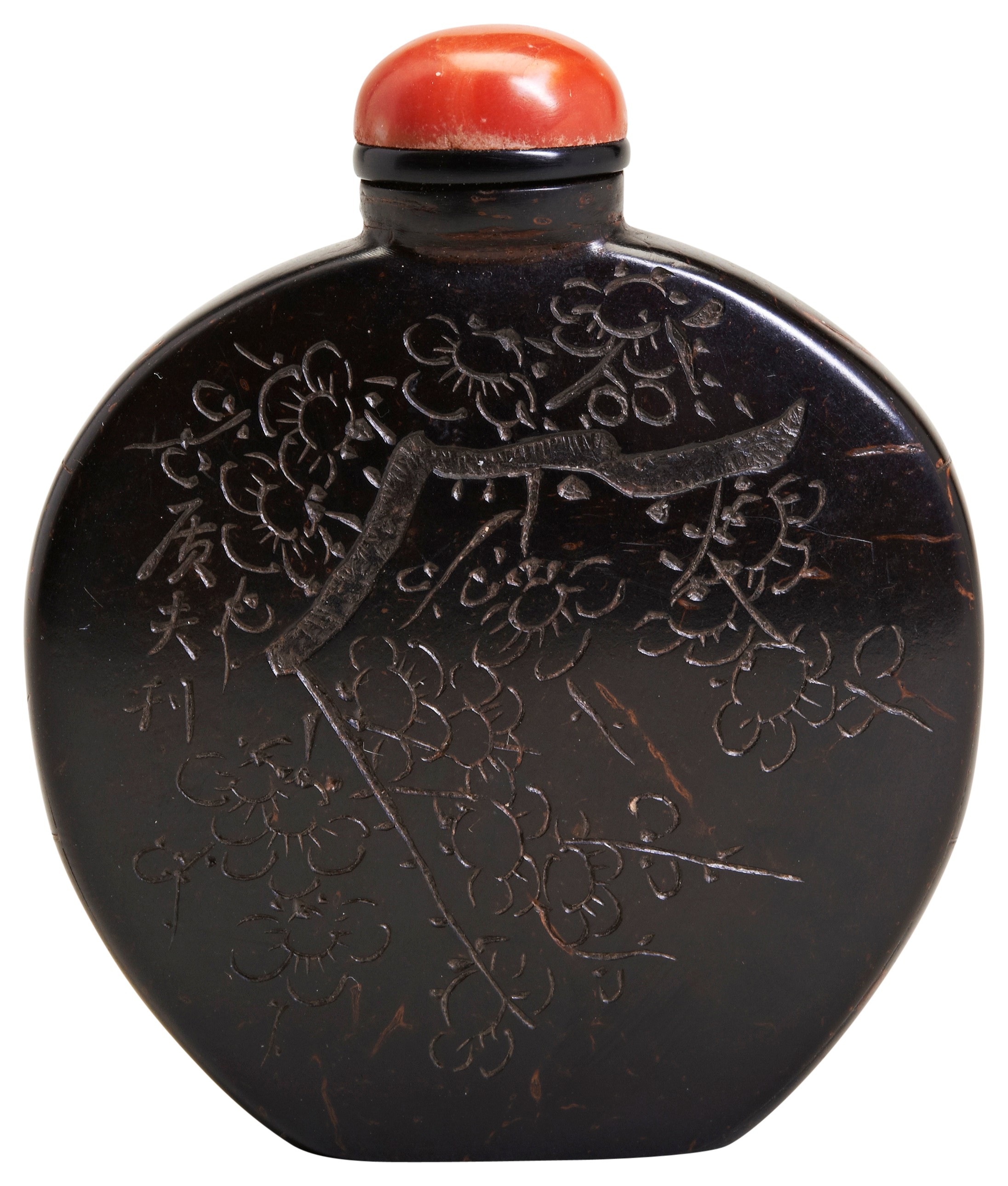 A COCONUT SNUFF BOTTLE WITH CORAL STOPPER 19TH/20TH CENTURY a coconut snuff bottle with shallow