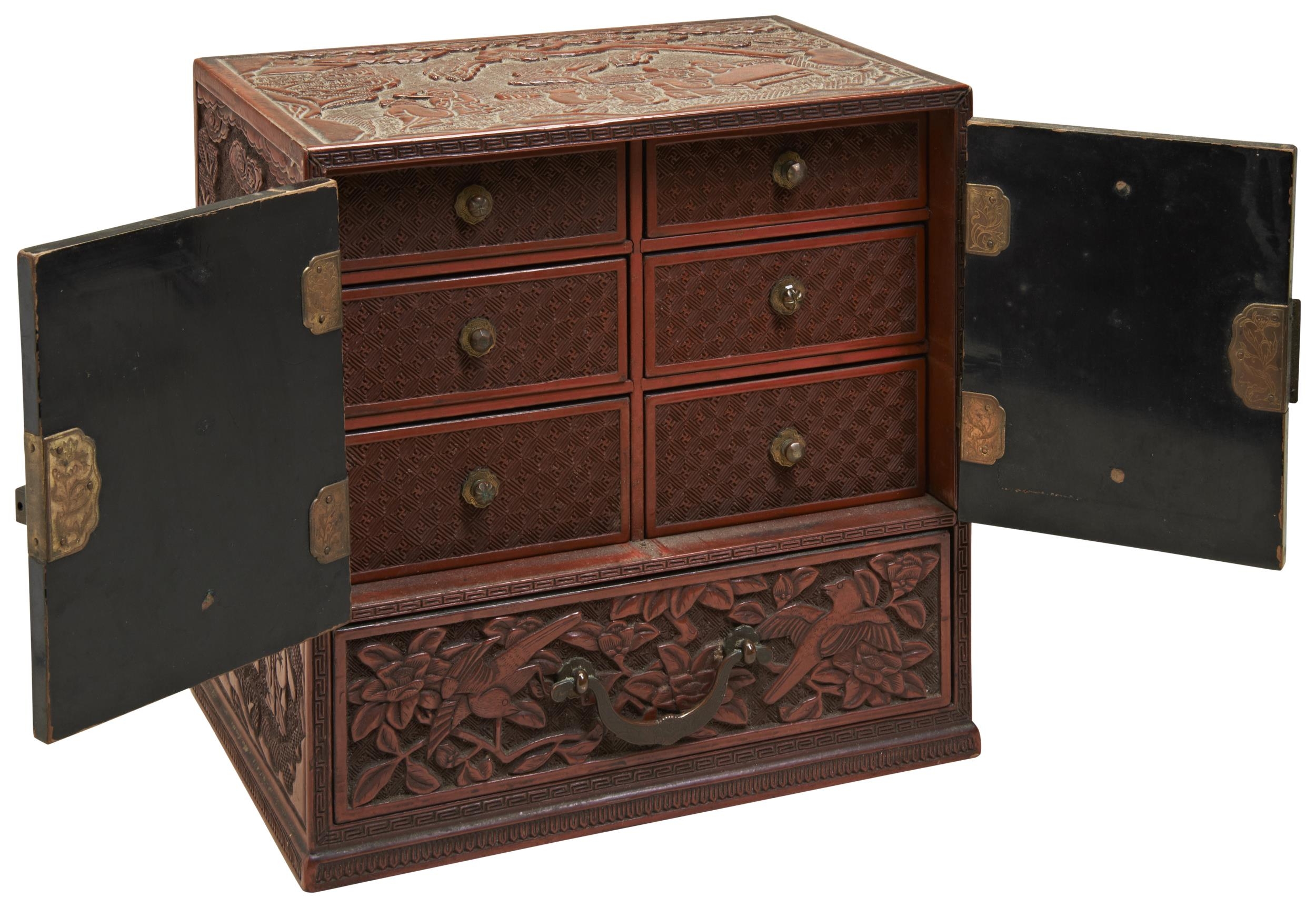 A CINNABAR LACQUER TABLE CABINET QING DYNASTY, 19TH CENTURY the exterior carved with lotus blossoms, - Image 2 of 2