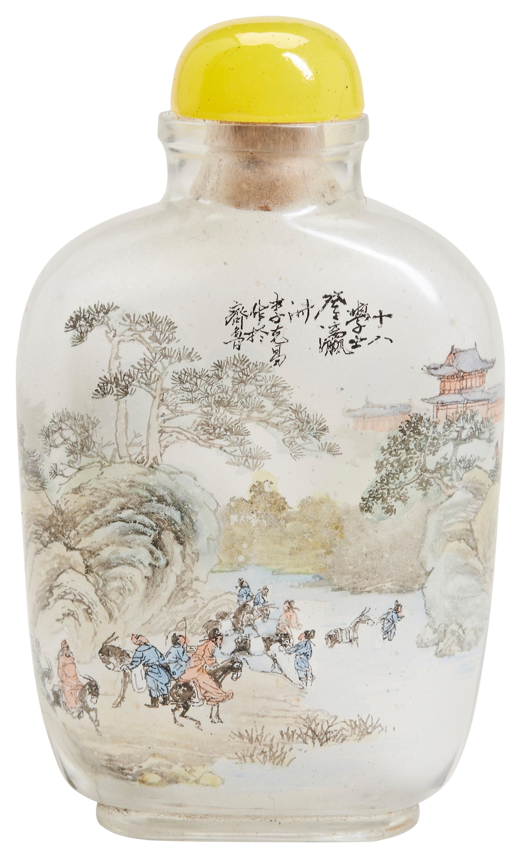 A PEKING GLASS SNUFF BOTTLE WITH A STOPPER  20TH CENTURY  depict a scene of eighteen scholars