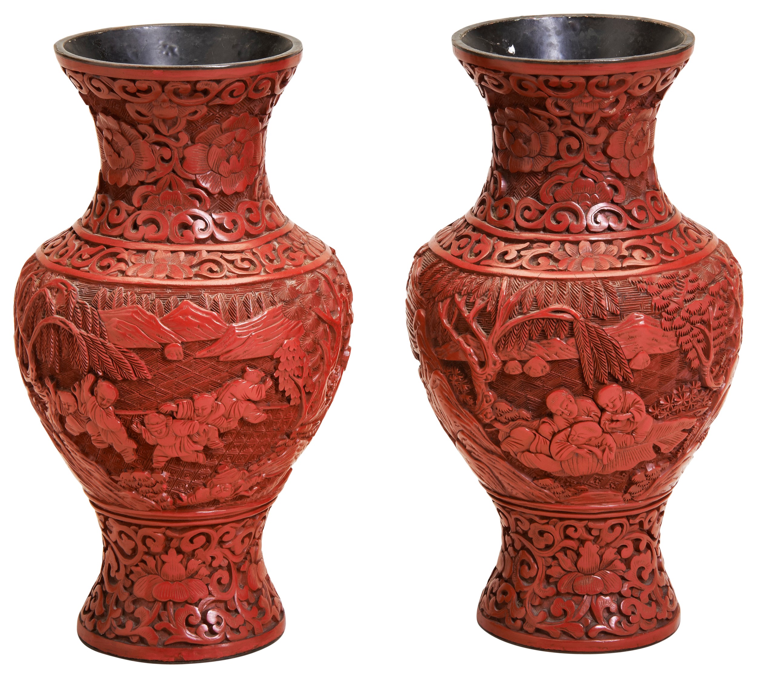 A PAIR OF CINNABAR LACQUER VASES LATE QING DYNASTY the baluster sides deeply carved with playful