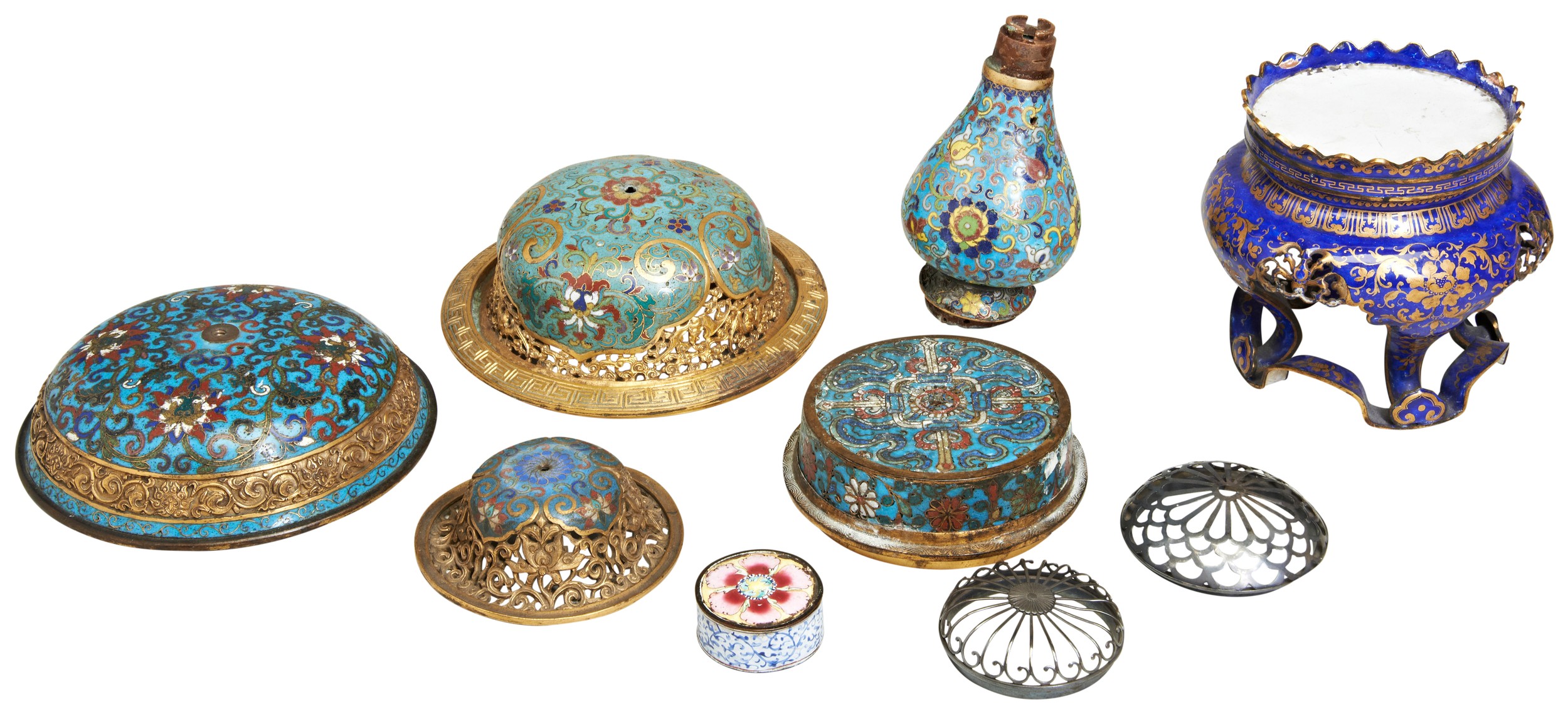 A COLLECTION OF CLOISONNE, ENAMELLED AND METAL COVERS  18TH CENTURY Three cloisonne covers with