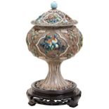 A CHINESE SILVER, ENAMEL AND HARDSTONE STEM CUP AND COVER 20TH CENTURY the sides decorated in