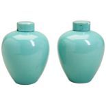 A PAIR OF TURQUOISE GLAZED JARS AND COVERS QING DYNASTY, 19TH CENTURY  with apocryphal Kangxi six