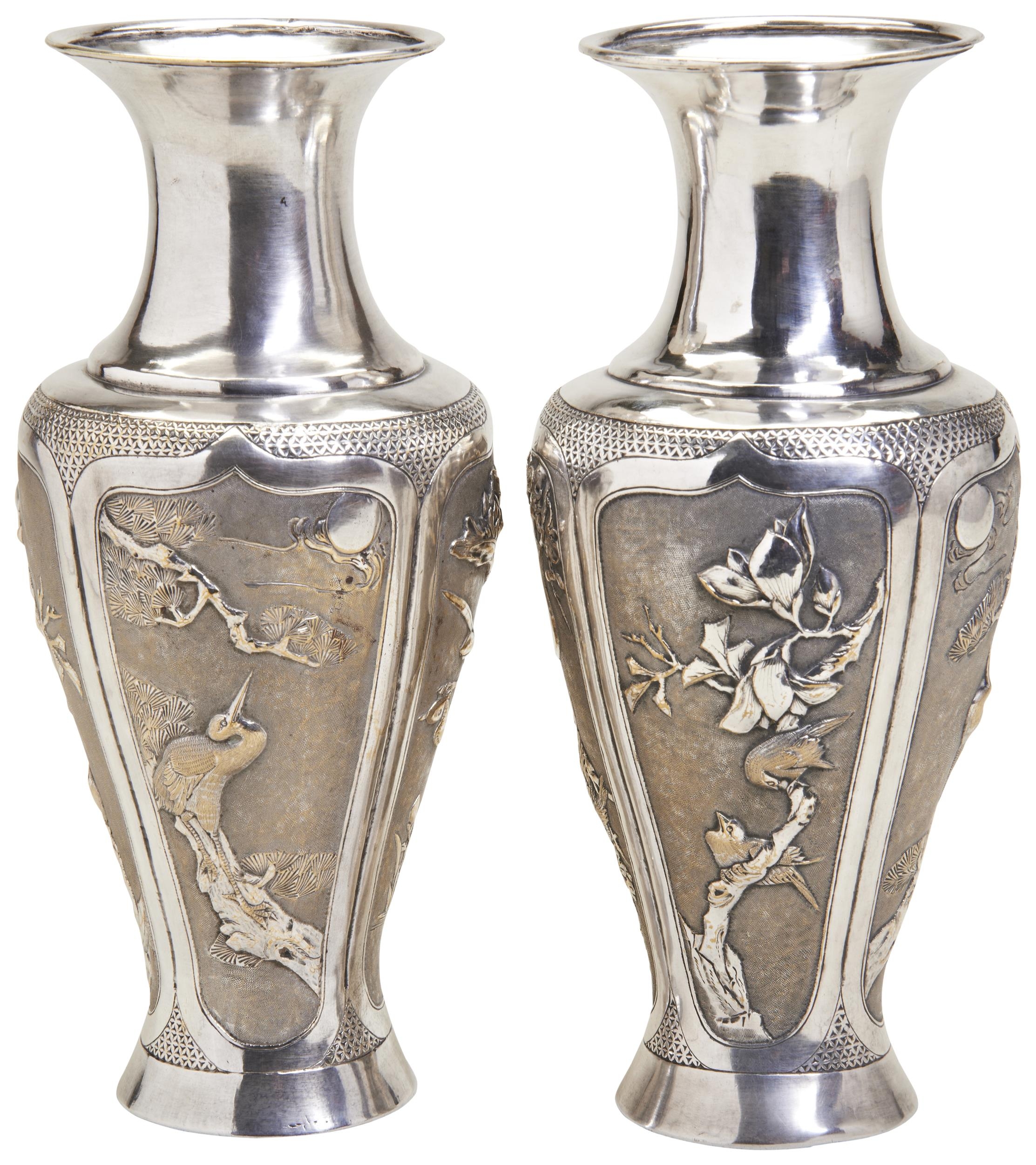 A PAIR OF CHINESE SILVERED-METAL VASES LATE QING DYNASTY of baluster form, the sides decorated in