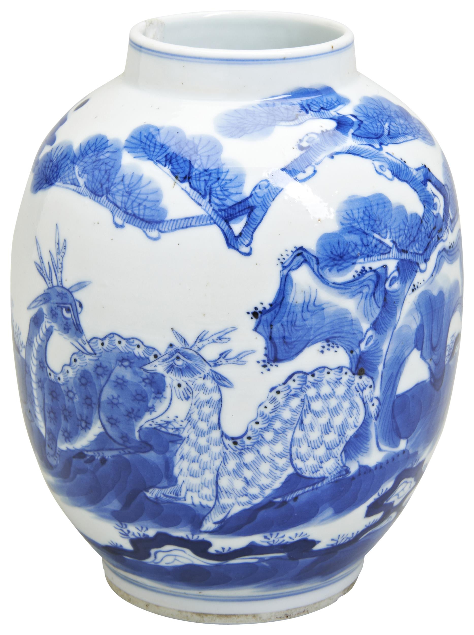 BLUE AND WHITE PORCELAIN VASE 19TH CENTURY painted with two deers under the pine tree. 14cm high