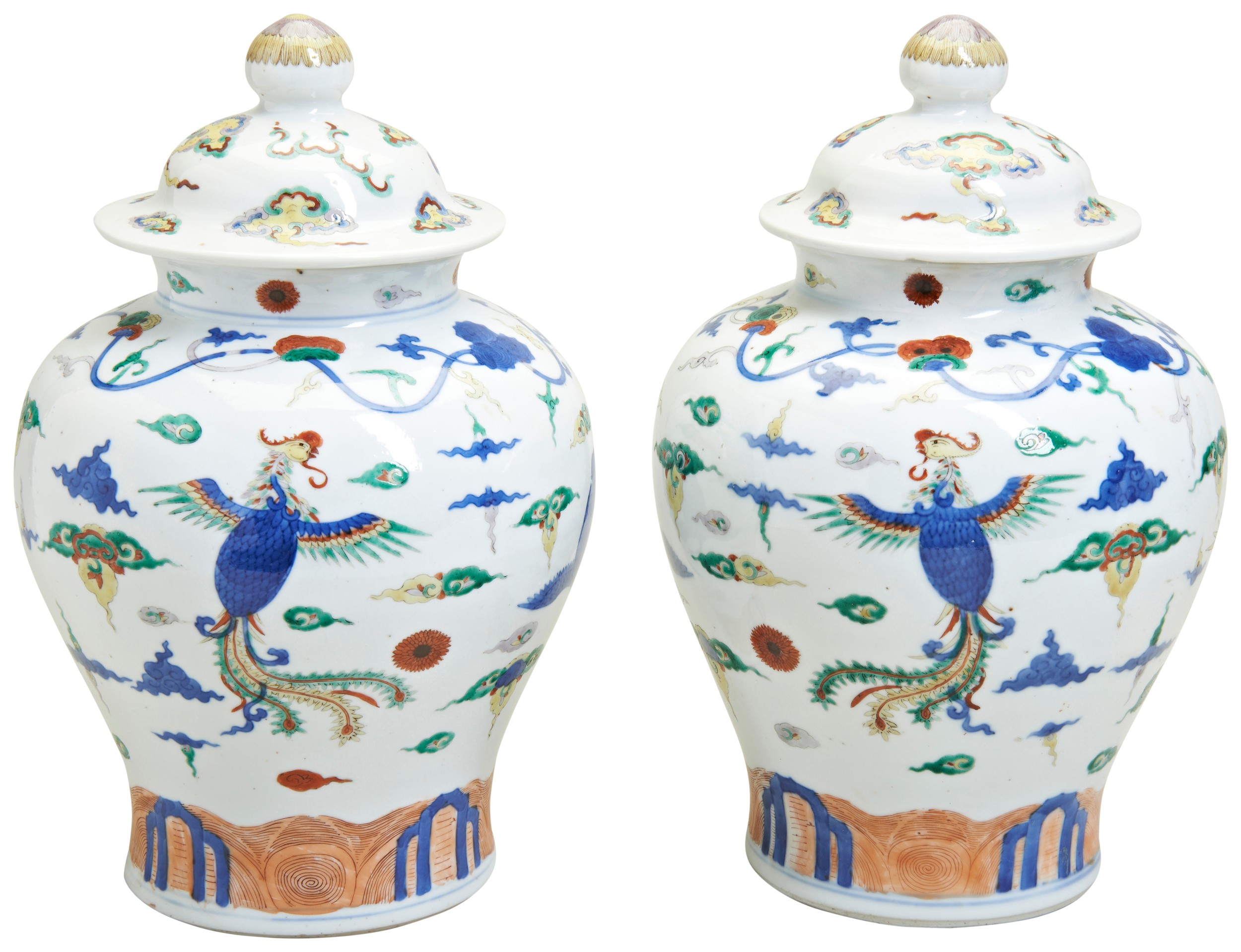 A PAIR OF DOUCAI 'PHOENIX AND CRANE' COVERED JARS QING DYNASTY, LATE 19TH CENTURY the baluster sides
