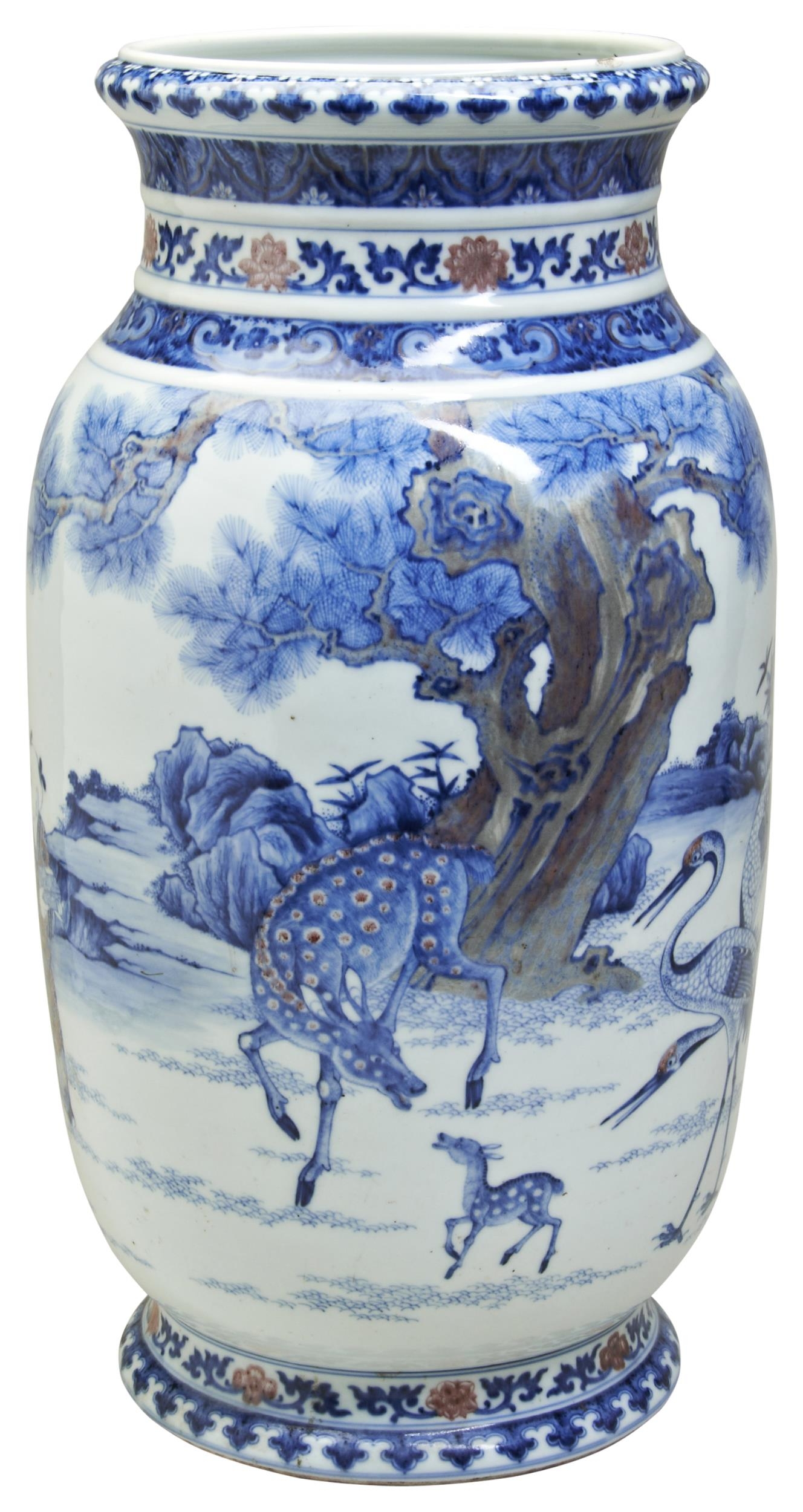 A LARGE AND RARE UNDERGLAZE BLUE AND COPPER-RED 'STAR GOD & DEER' LANTERN VASE YONGZHENG / - Image 2 of 12
