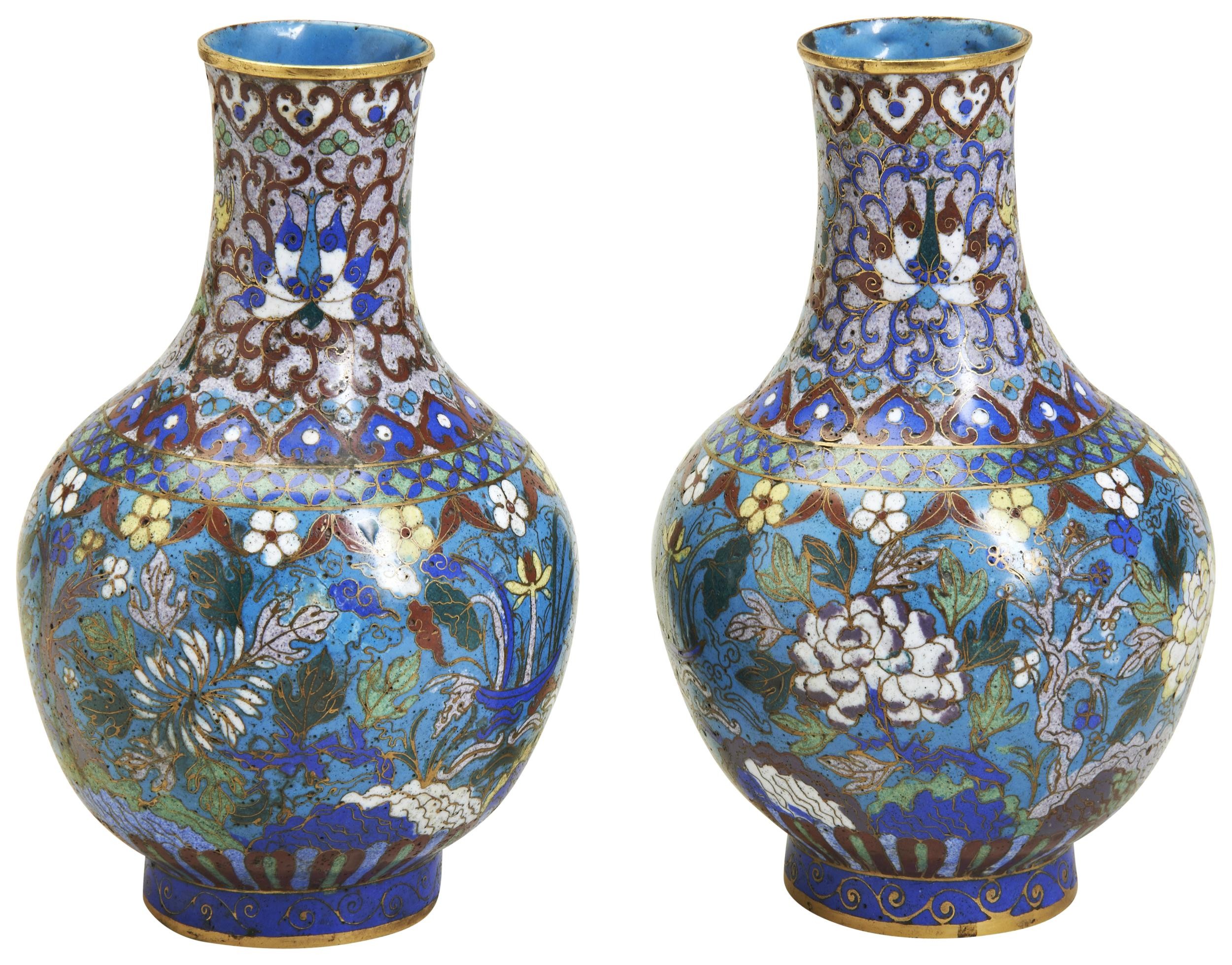 A PAIR OF CLOISONNE VASES QING DYNASTY, 19TH CENTURY of baluster form, the sides decorated in
