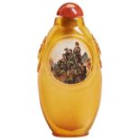 A YELLOW GLASS SNUFF BOTTLE AND STOPPER 20TH CENTURY  depicting a scene of 'Five Heroes on Langya