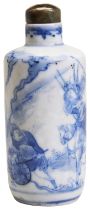 A BLUE AND WHITE PORCELAIN SNUFF BOTTLE WITH GREEN STONE A STOPPER  18TH/19TH CENTURY depict the