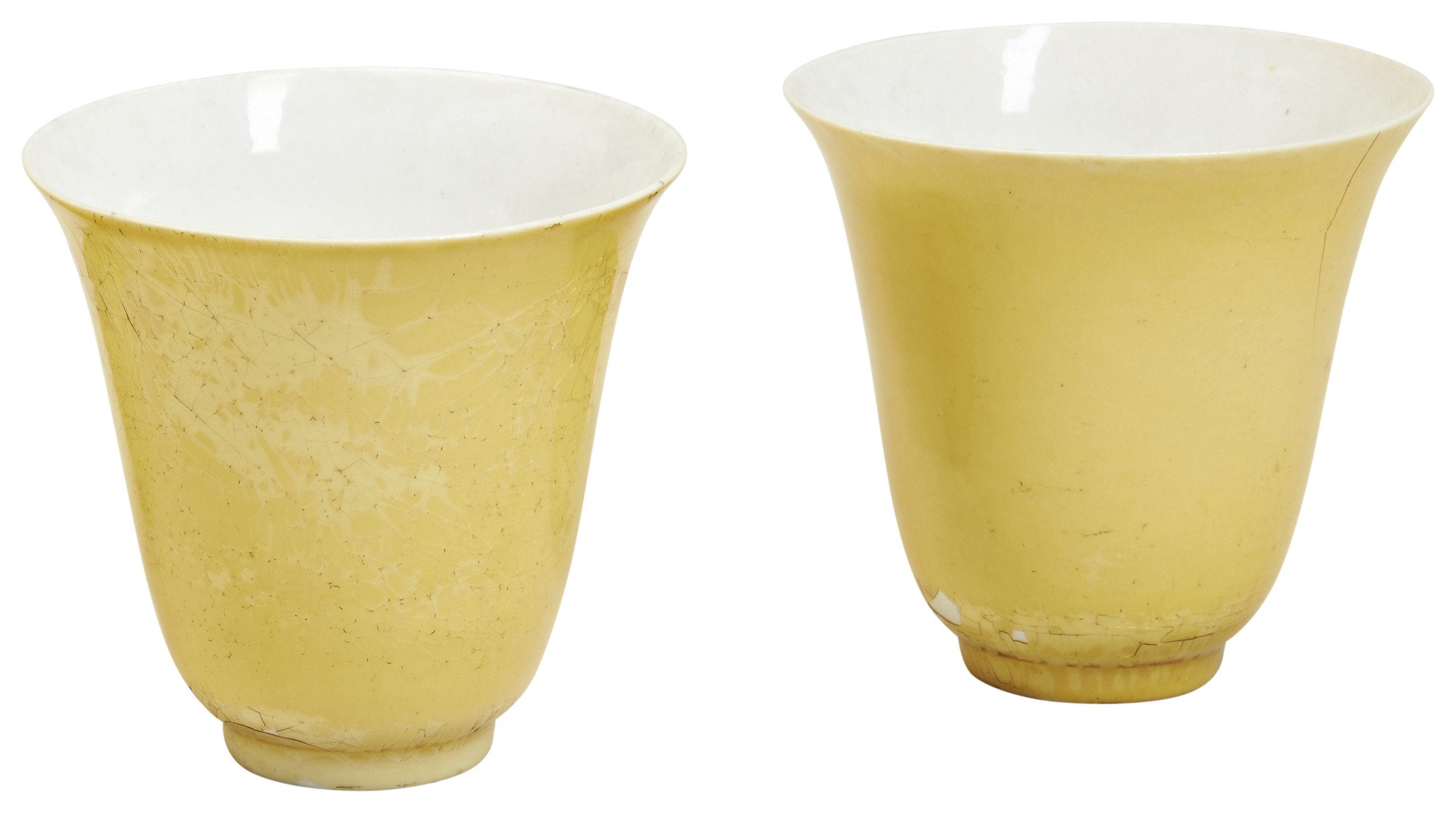 A PAIR OF LEMON-YELLOW GLAZED WINE CUPS QING DYNASTY, 18TH CENTURY of tall beaker form with a rich