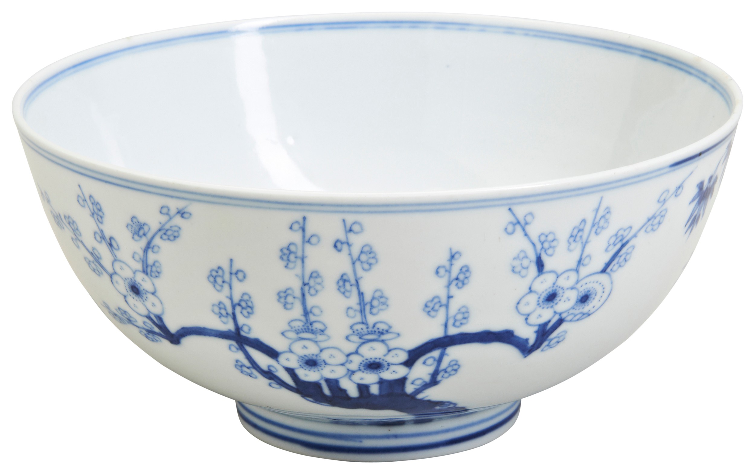 A BLUE AND WHITE 'THREE FRIENDS OF WINTER' BOWL GUANGXU SIX CHARACTER MARK AND PERIOD 清光绪 青花岁寒三友碗