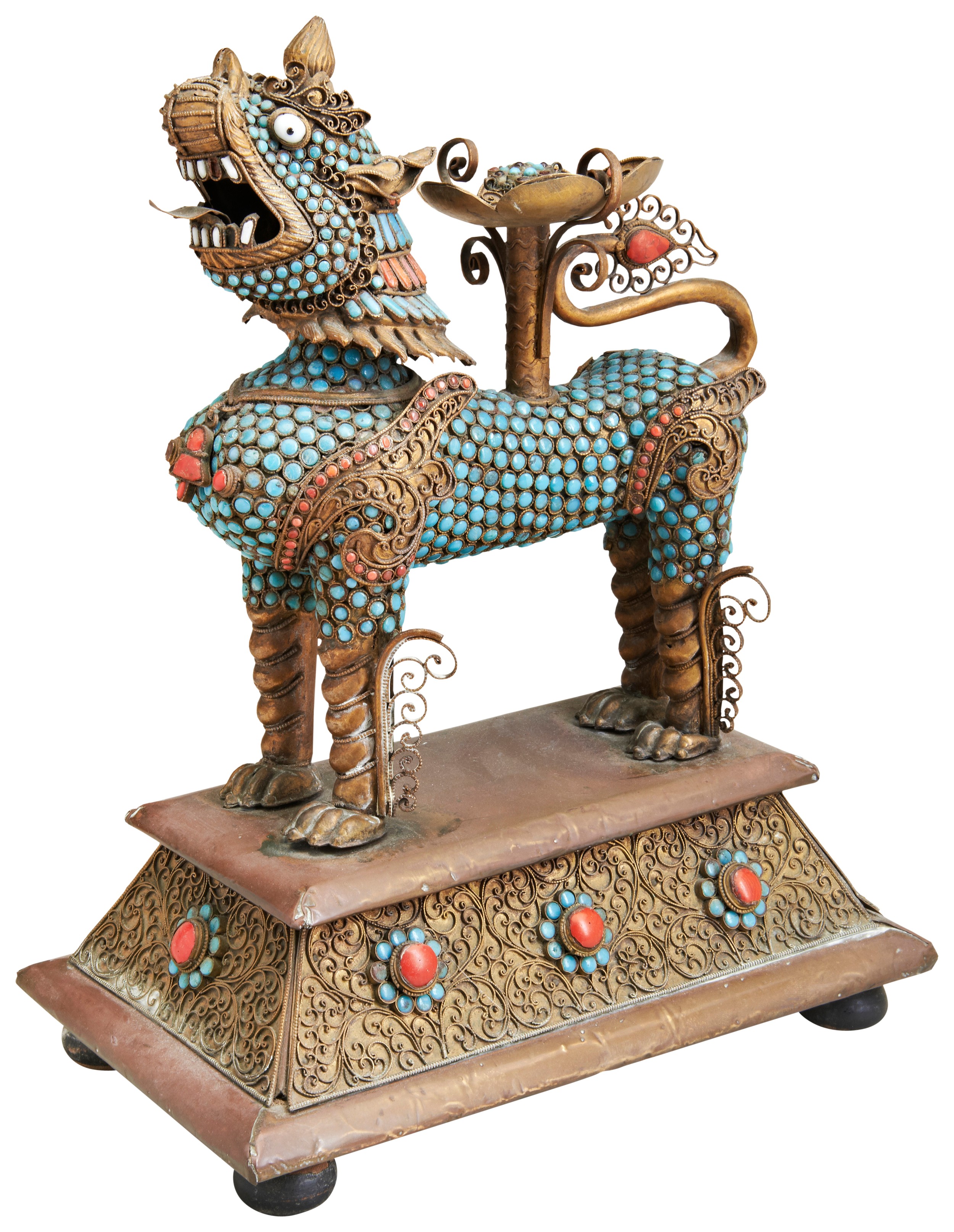 A GILT-METAL, TURQUOISE AND CORAL BUDDHIST LION VESSEL TIBET, 20TH CENTURY the beast standing four
