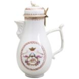 A CHINESE EXPORT PORCELAIN FAMILLE ROSE COFFEE POT AND COVER QING DYNASTY, 18TH CENTURY with gilt-
