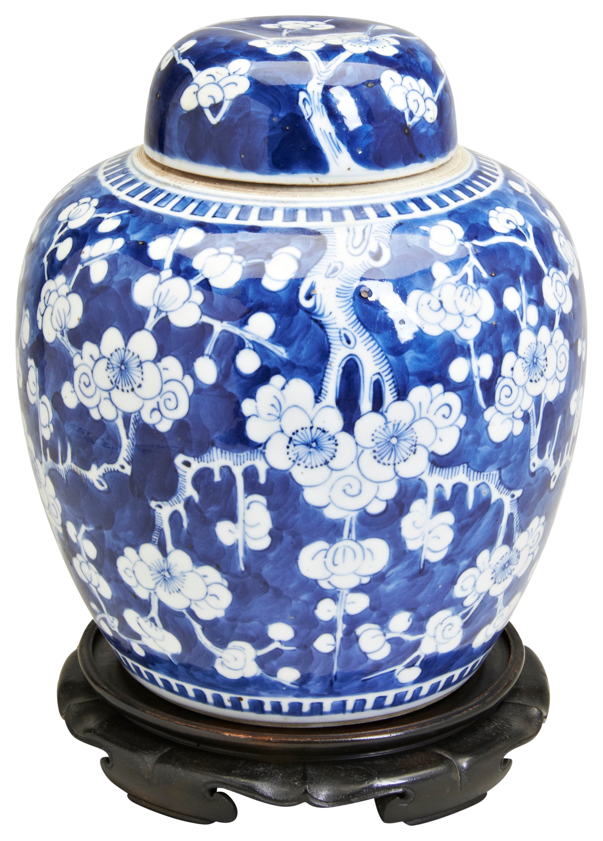 A BLUE AND WHITE 'CRACKED-ICE' JAR AND COVER LATE QING DYNASTY in the Kangxi-style, bears an