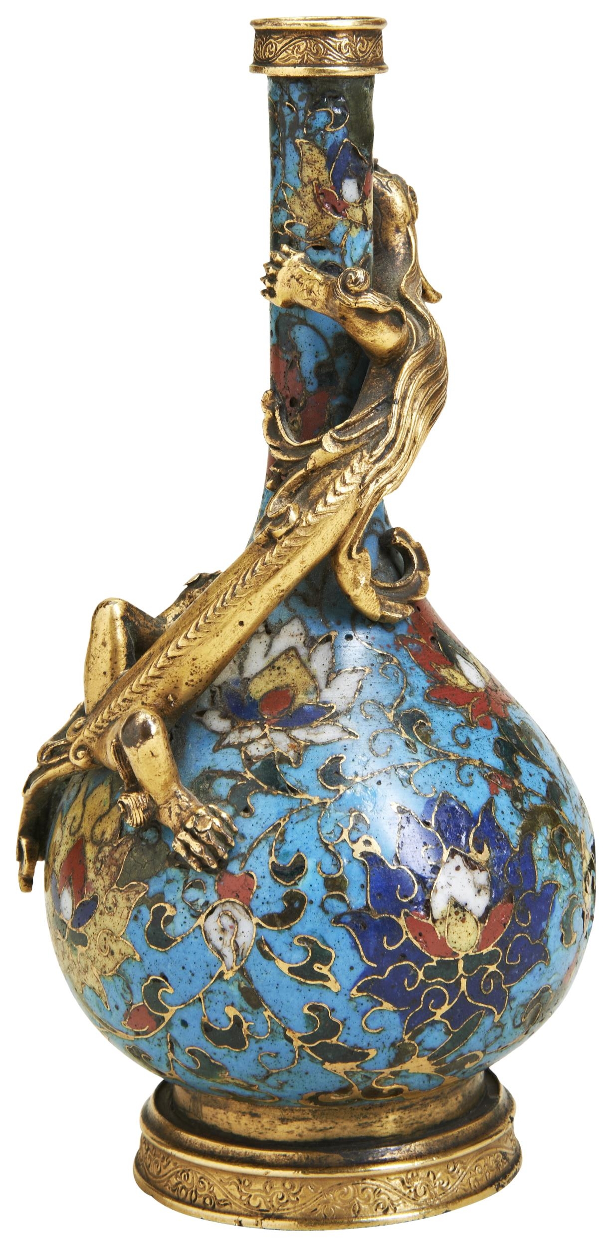 A FINE AND RARE CLOISONNE ENAMEL 'LOTUS' BOTTLE VASE INCISED JINGTAI SIX CHARACTER MARK, MID MING - Image 4 of 6