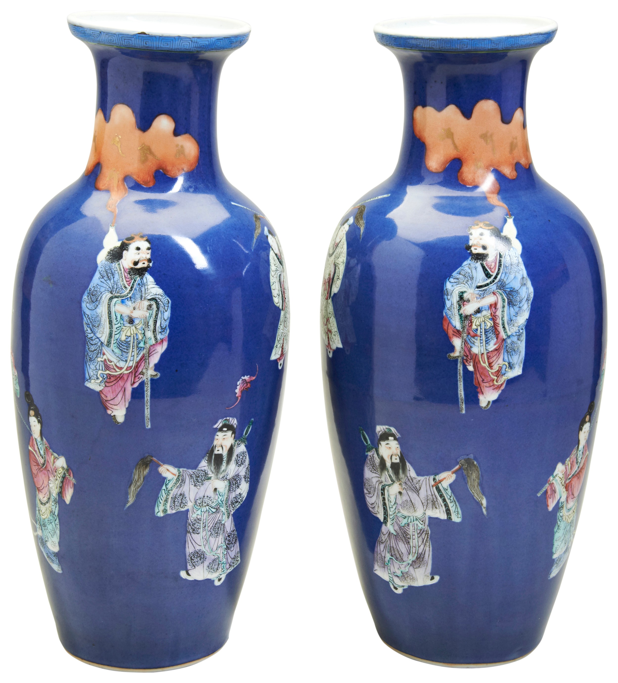 A GOOD PAIR OF POWDER-BLUE-GROUND FAMILLE ROSE 'IMMORTALS' VASES QING DYNASTY, 19TH CENTURY 清 十九世纪