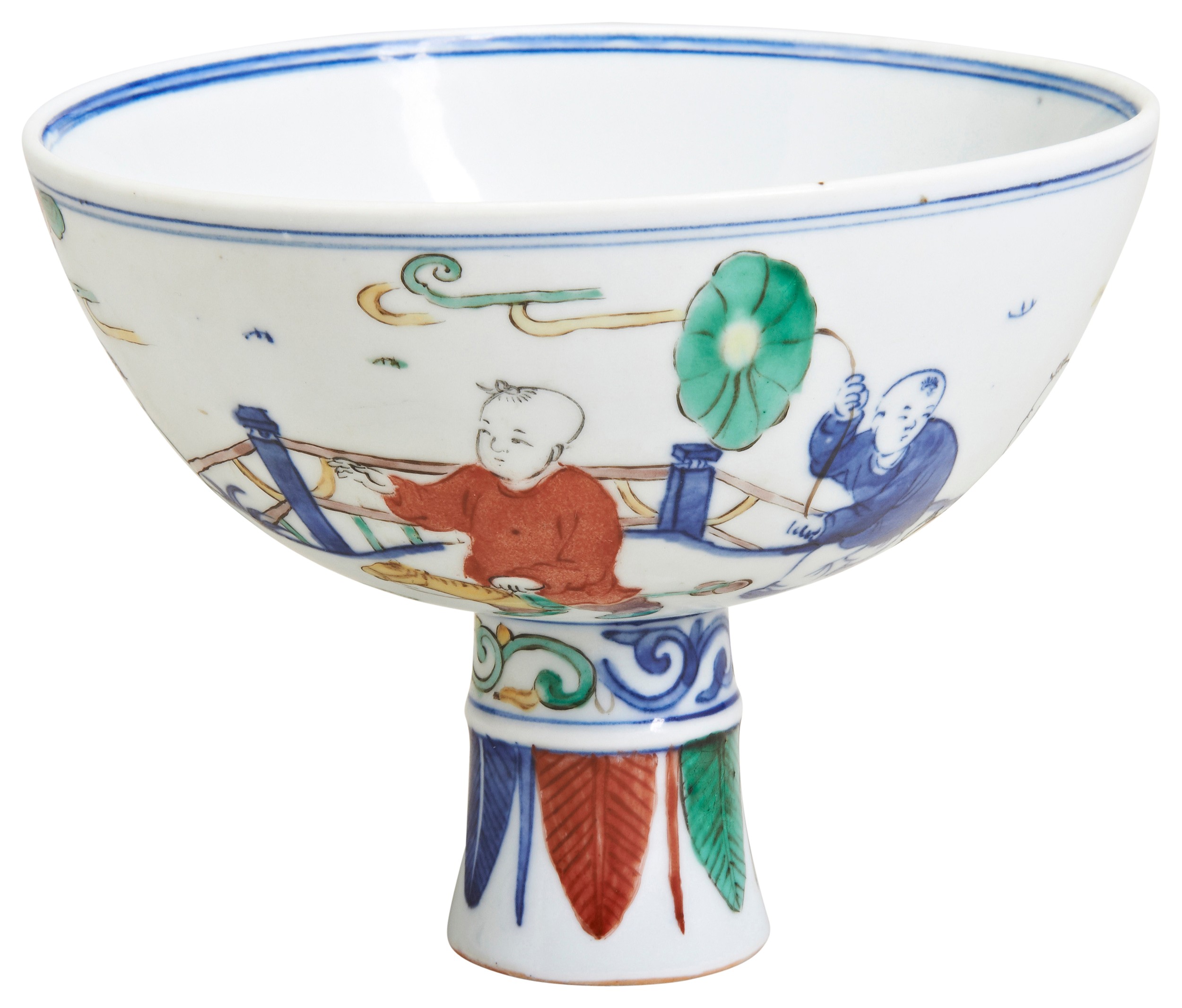 A DOUCAI-DECORATED STEM BOWL LATE QING / REPUBLIC PERIOD decorated with boys in a fenced garden