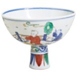 A DOUCAI-DECORATED STEM BOWL LATE QING / REPUBLIC PERIOD decorated with boys in a fenced garden