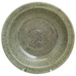 A 'LONGQUAN' CELADON DOUBLE FISH DISH YUAN/MING DYNASTY covered all over in a crackle-suffused