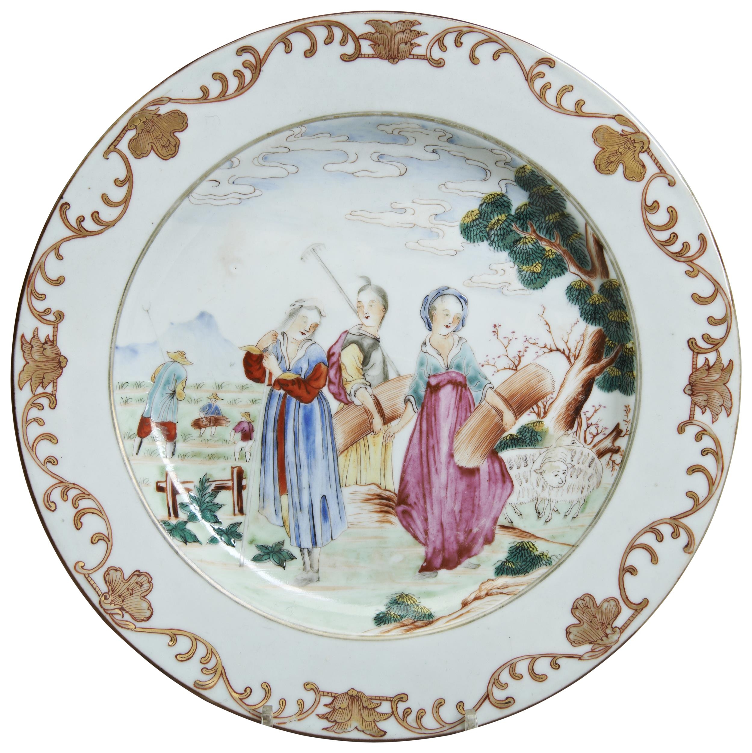 A FAMILLE ROSE 'EUROPEAN-SUBJECT' DISH QIANLONG PERIOD (1736-1795) painted with a figural harvest