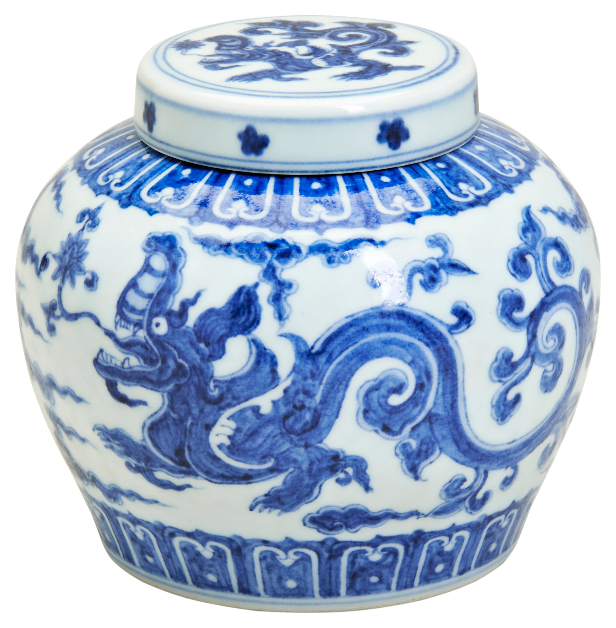A FINE AND RARE SMALL MING-STYLE BLUE AND WHITE 'DRAGON' JAR AND COVER QING DYNASTY (1644-1911)