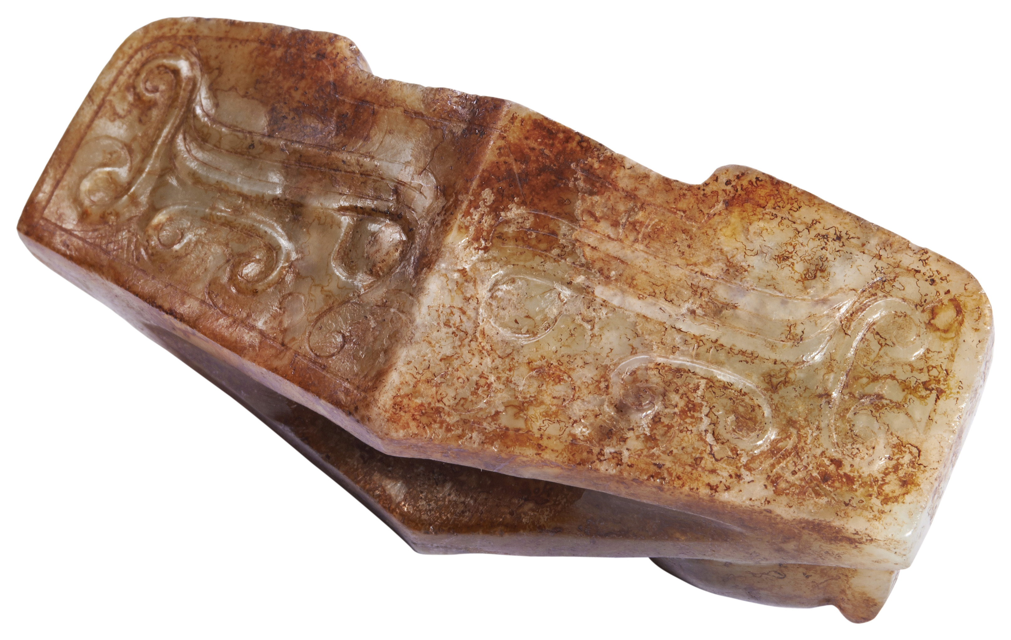 AN ARCHAISTIC RUSSET JADE PENDANT MING / QING DYNASTY carved with a chilong and taotie mask 5.