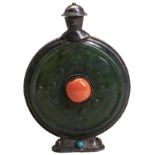 A SPINACH JADE SNUFF BOTTLE WITH STOPPER 19TH/20TH CENTURY  a spinach jade mounted with white metal,