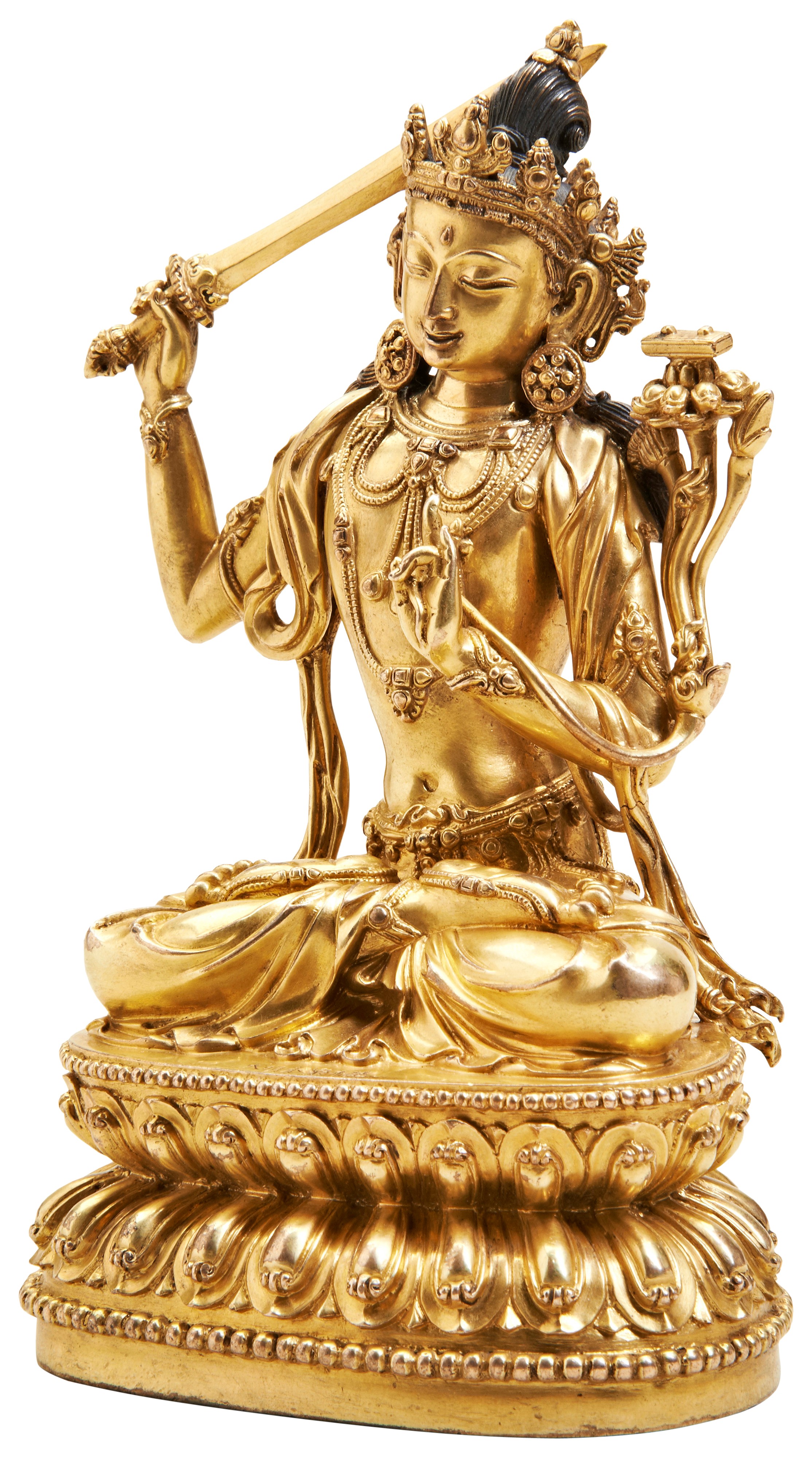 A FINE GILT BRONZE FIGURE OF MANJUSHRI YONGLE SIX CHARACTER MARK AND PROBABLY OF THE PERIOD  明 - Image 5 of 9