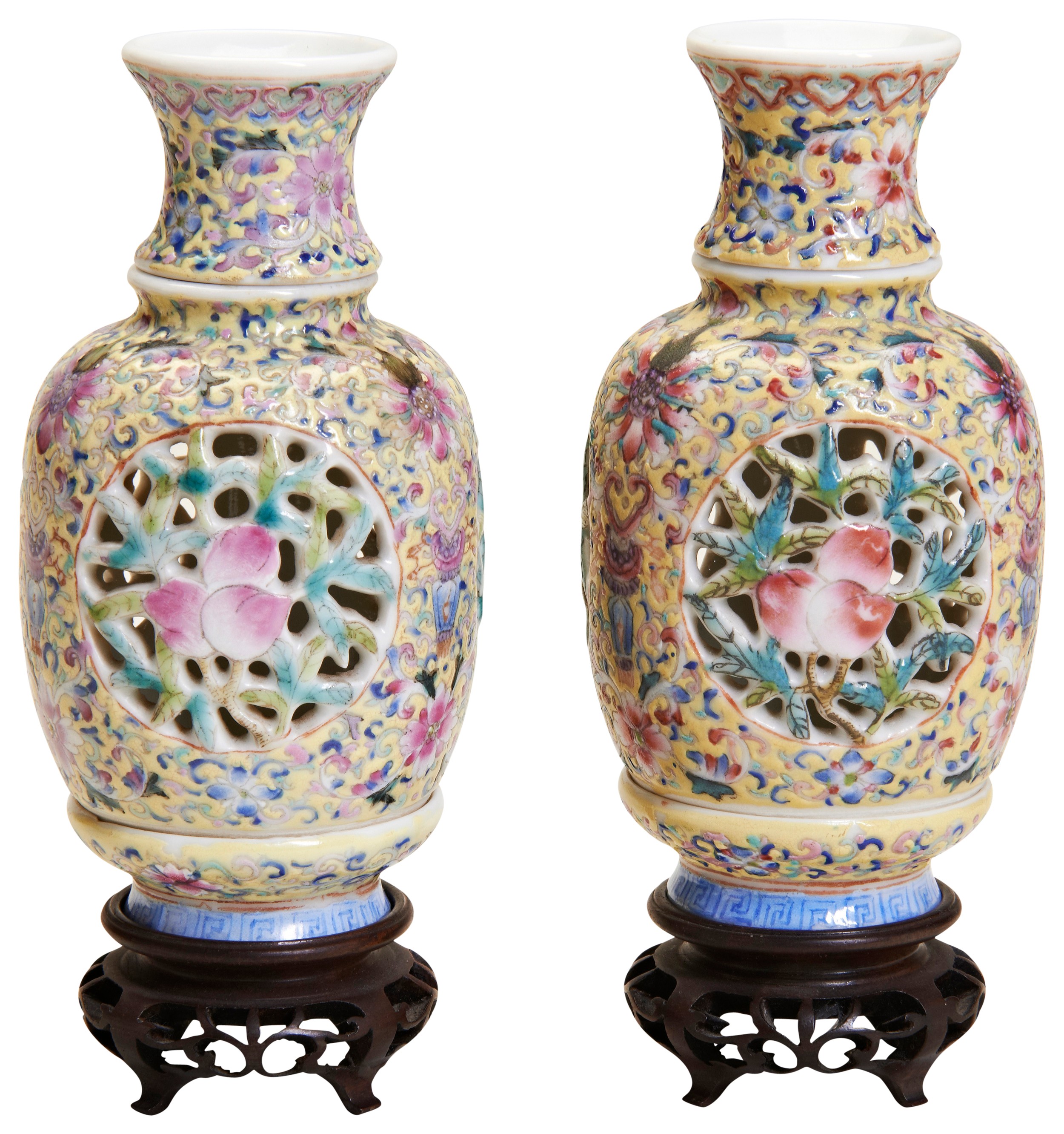 A GOOD PAIR OF FAMILLE ROSE REVOLVING AND RETICULATED VASES REPUBLIC PERIOD (1912-1949) each