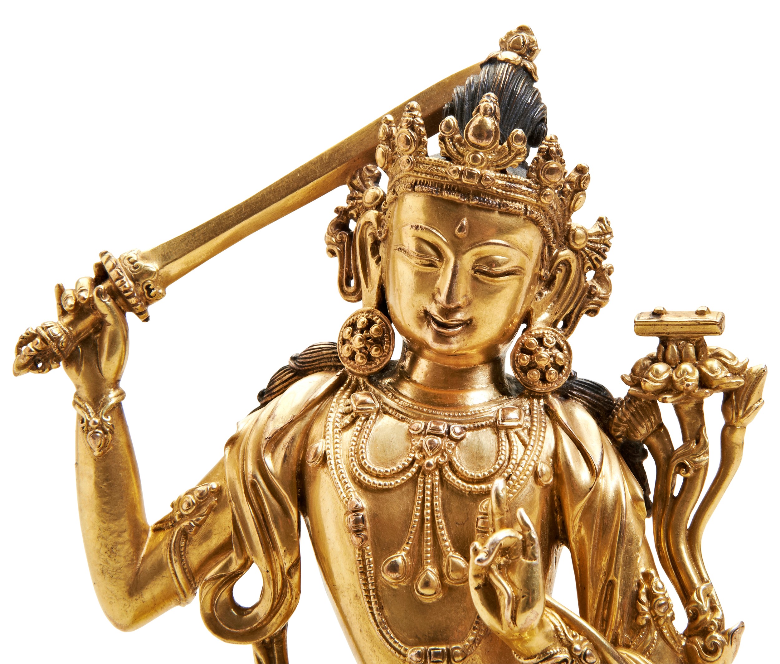 A FINE GILT BRONZE FIGURE OF MANJUSHRI YONGLE SIX CHARACTER MARK AND PROBABLY OF THE PERIOD  明 - Image 3 of 9