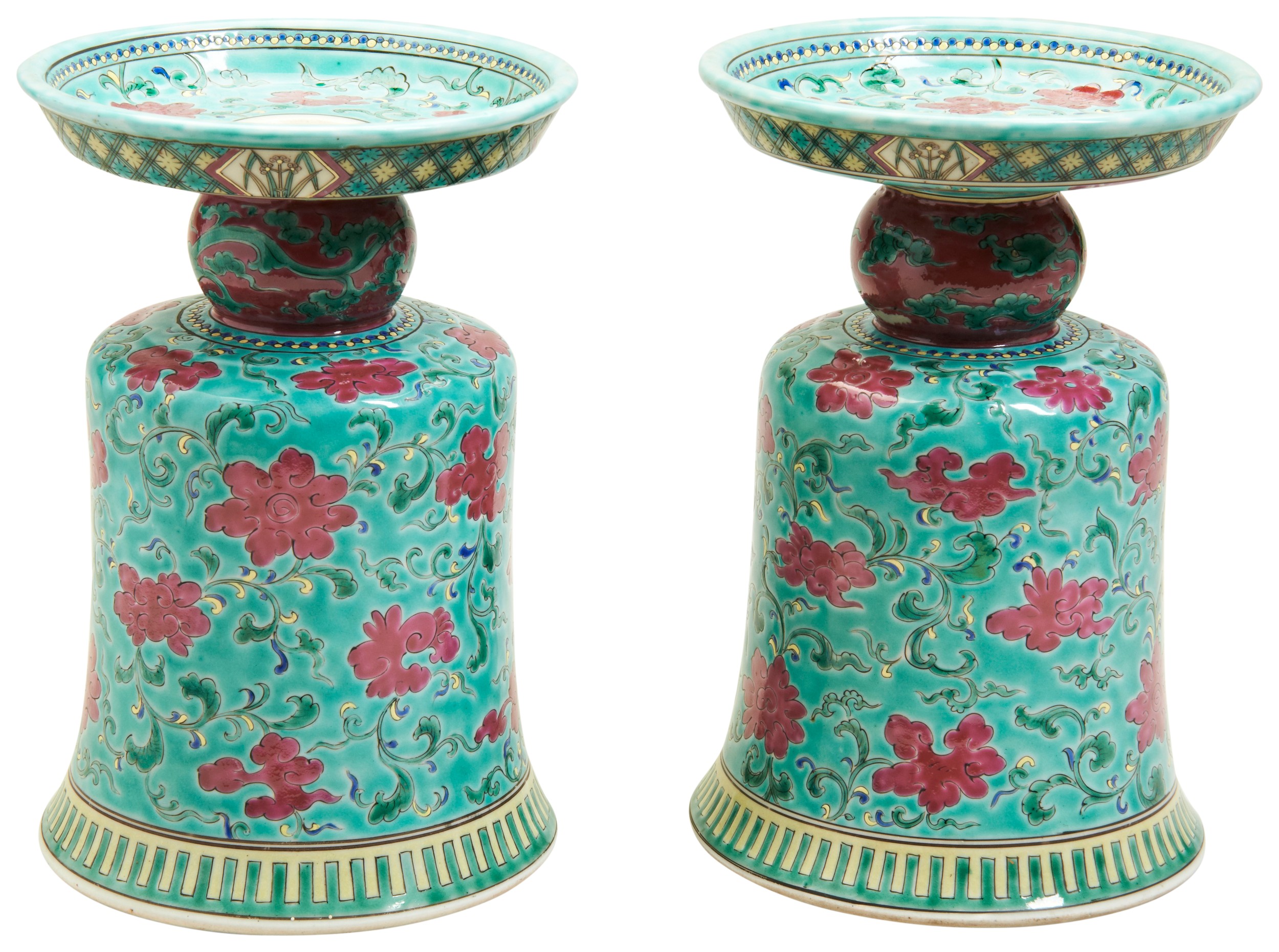 A PAIR OF TURQUOISE-GROUND FAMILLE ROSE LANTERN STANDS QING DYNASTY, 19TH CENTURY painted with