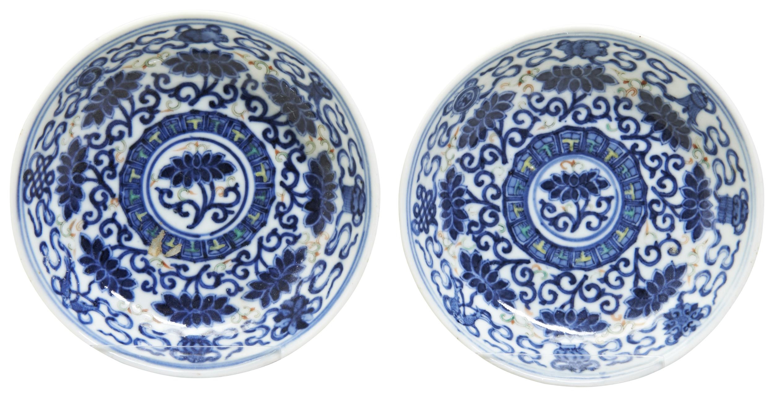A SMALL PAIR OF DOUCAI 'LOTUS' DISHES GUANGXU SIX CHARACTER MARKS AND OF THE PERIOD  decorated