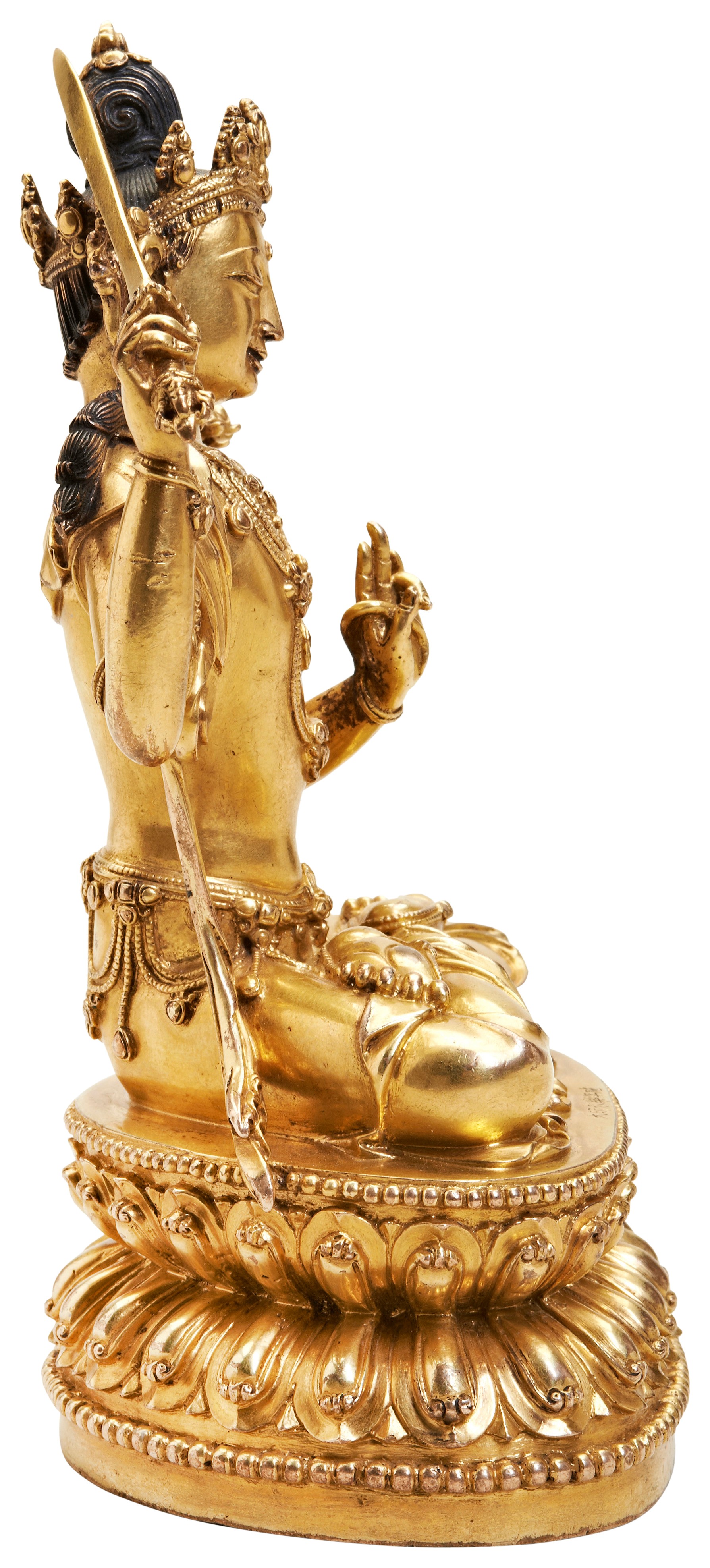 A FINE GILT BRONZE FIGURE OF MANJUSHRI YONGLE SIX CHARACTER MARK AND PROBABLY OF THE PERIOD  明 - Image 2 of 9