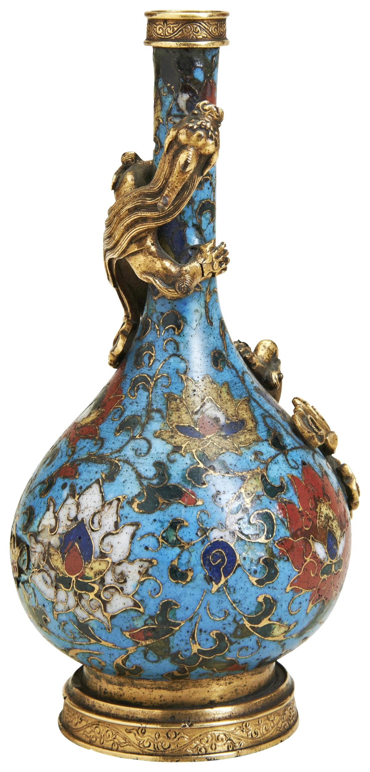 A FINE AND RARE CLOISONNE ENAMEL 'LOTUS' BOTTLE VASE INCISED JINGTAI SIX CHARACTER MARK, MID MING - Image 3 of 6