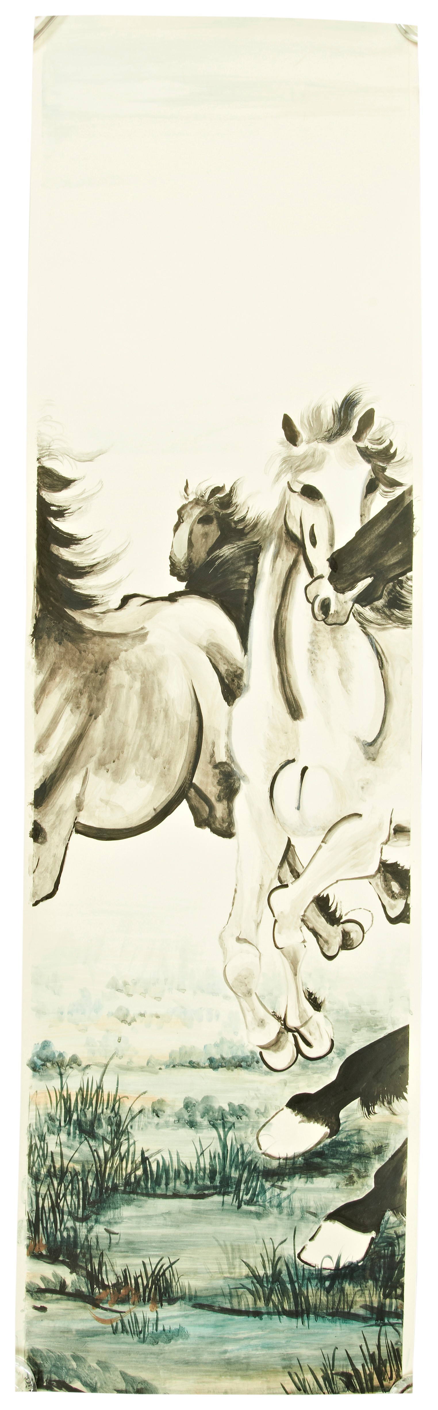 FOLLOWER OF XU BEIHONG (1895-1953); FOUR GALLOPING HORSES colour and ink on paper, six individual - Image 5 of 7