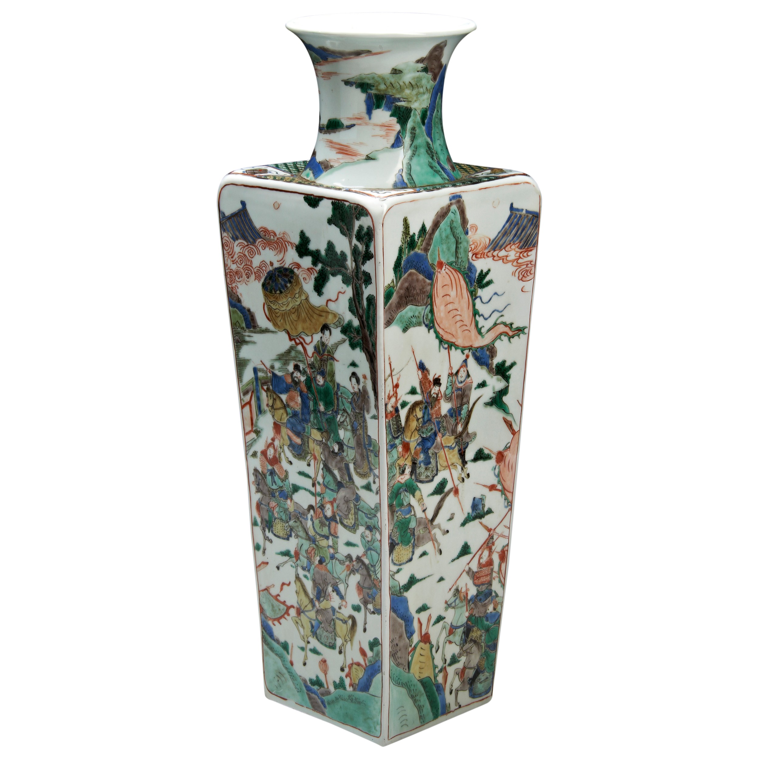 AN IMPRESSIVE FAMILLE VERTE SQUARE-SECTIONED VASE KANGXI PERIOD (1662-1722) 康熙五彩歷史人物故事圖紋四方瓶 this - Image 2 of 3