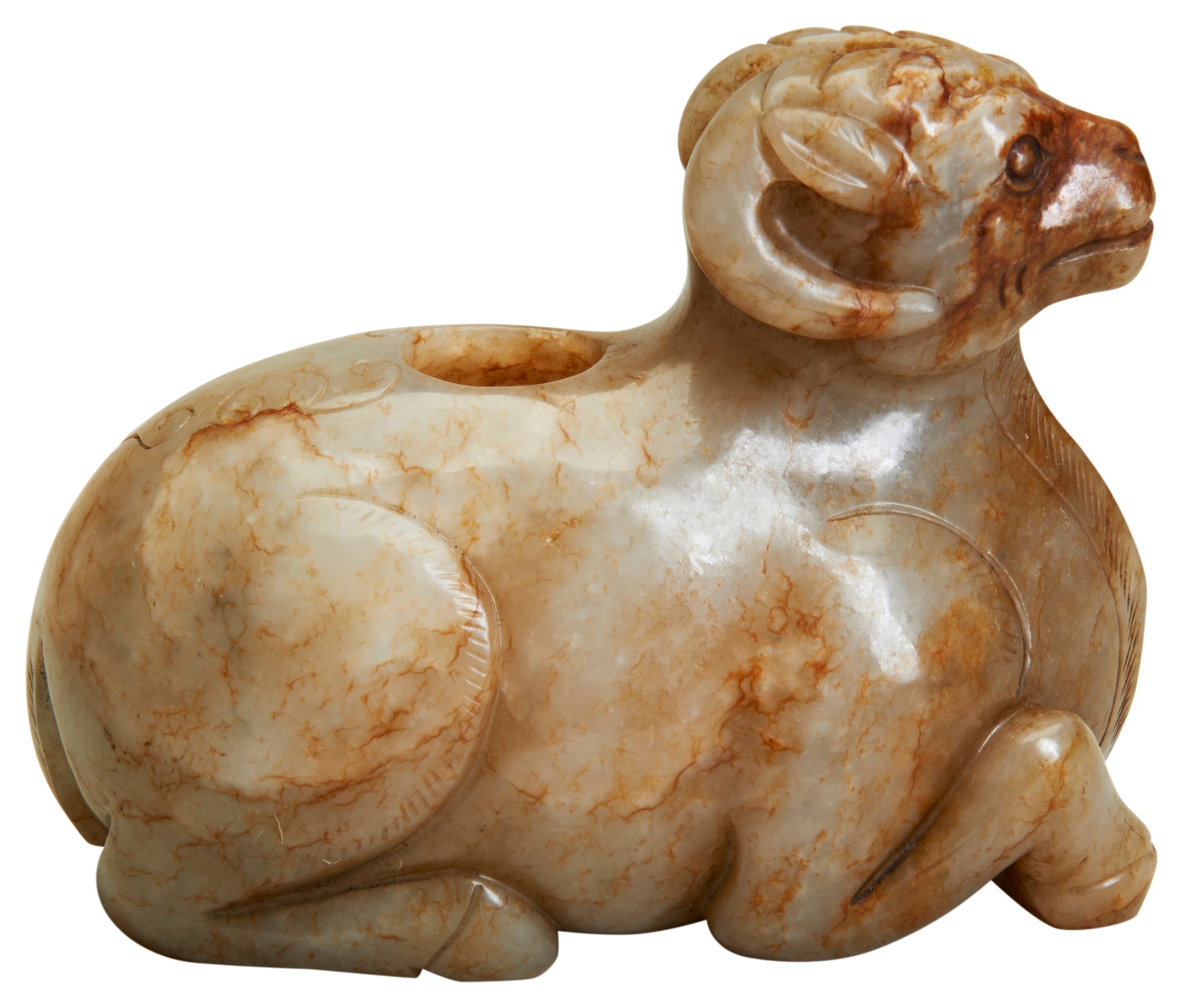 A CARVED JADE FIGURE OF RAM 20TH CENTURY  a greenish-yellow jade figure of a recumbent ram, probably