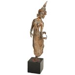 A GILT-BRONZE FIGURE OF A KHON DANCER THAILAND, LATE 19TH / EARLY 20TH CENTURY on a later wood stand