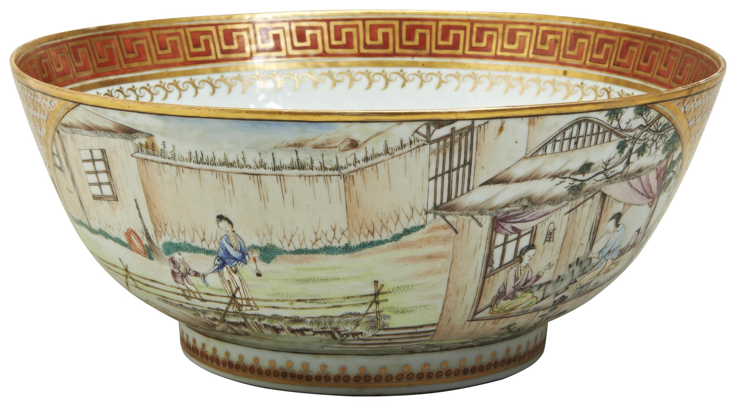 AN EXTREMELY RARE CHINESE EXPORT 'RICE PRODUCTION & SILK PRODUCTION' BOWL QIANLONG PERIOD (1736-