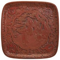A FINE CINNABAR LACQUER DISH QIANLONG PERIOD (1736-1795) 清 剔红方形漆盘 red square carved