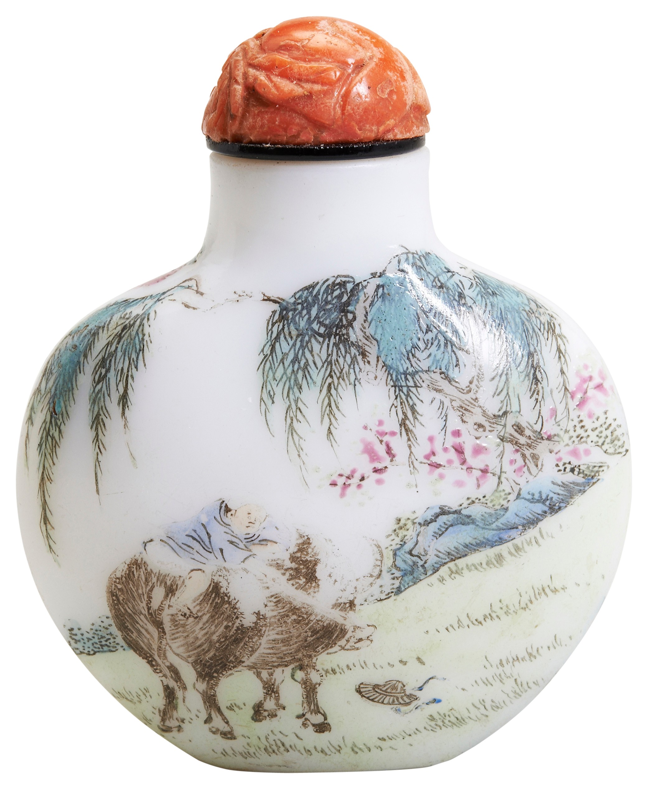 AN ENAMELLED CHINESE GLASS SNUFF BOTTLE  AND STOPPER 19TH/20TH CENTURY white Peking glass snuff