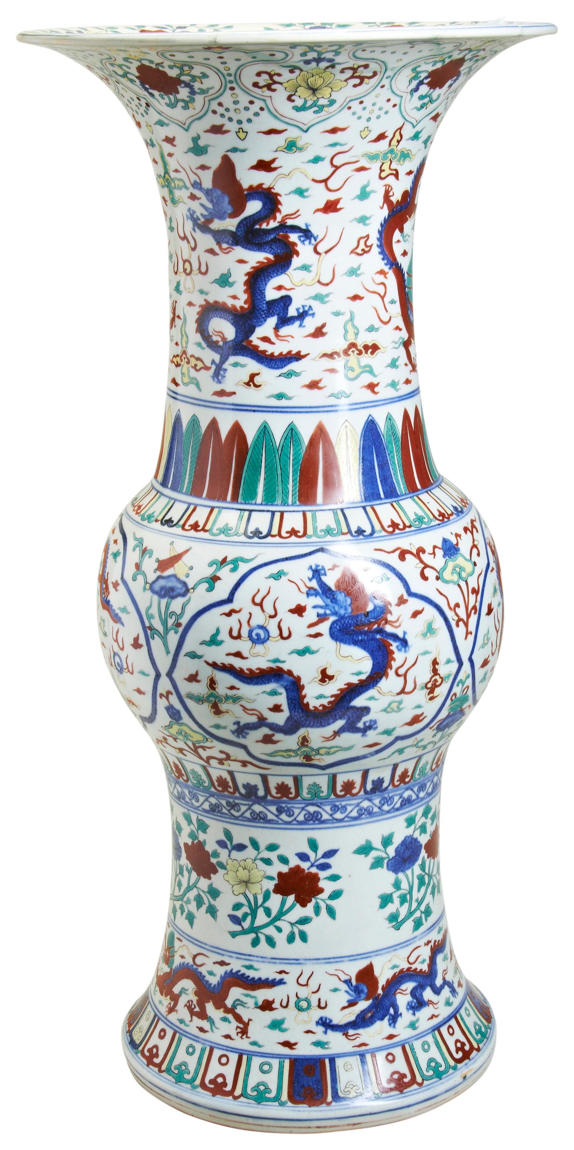 A MASSIVE WUCAI VASE, GU  19TH / 20TH CENTURY  painted with blue and red dragons, and also