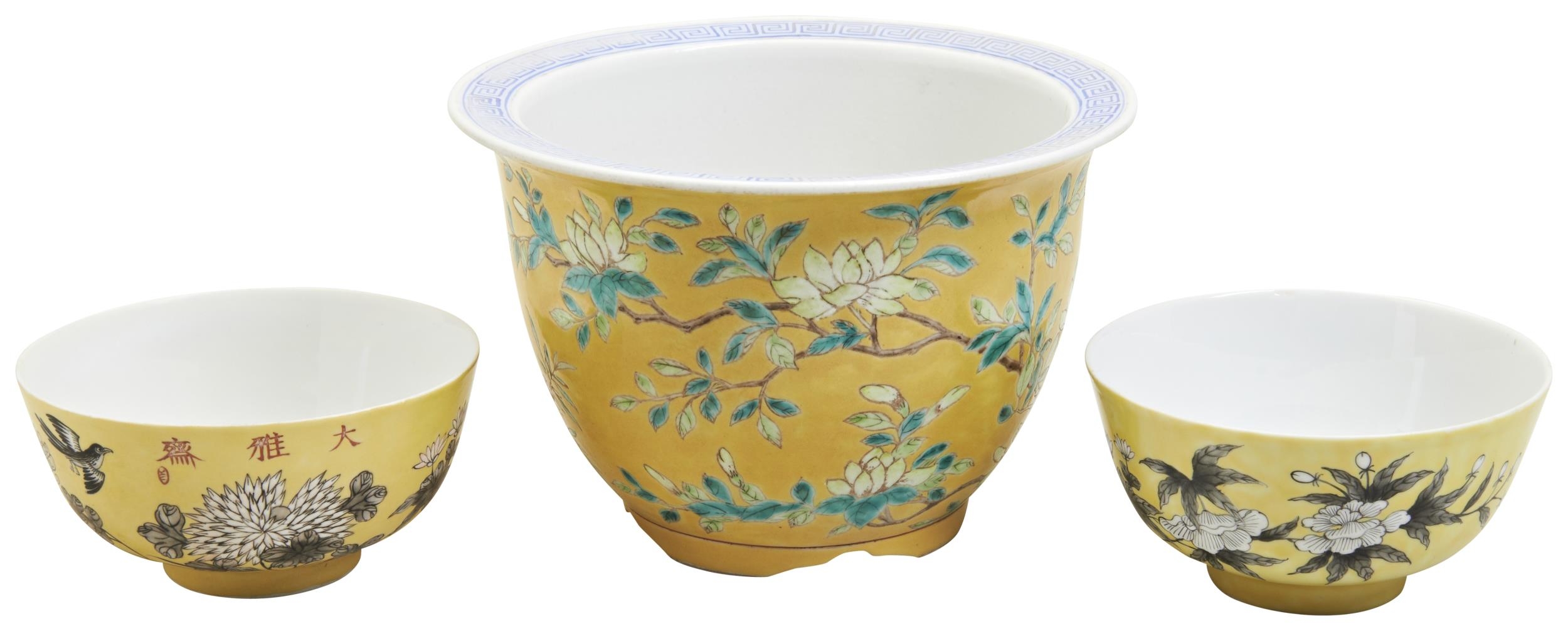 A PAIR OF FAMILLE ROSE YELLOW GROUND BOWL AND A JARDINIERE  19TH/20TH CENTURY  two yellow ground