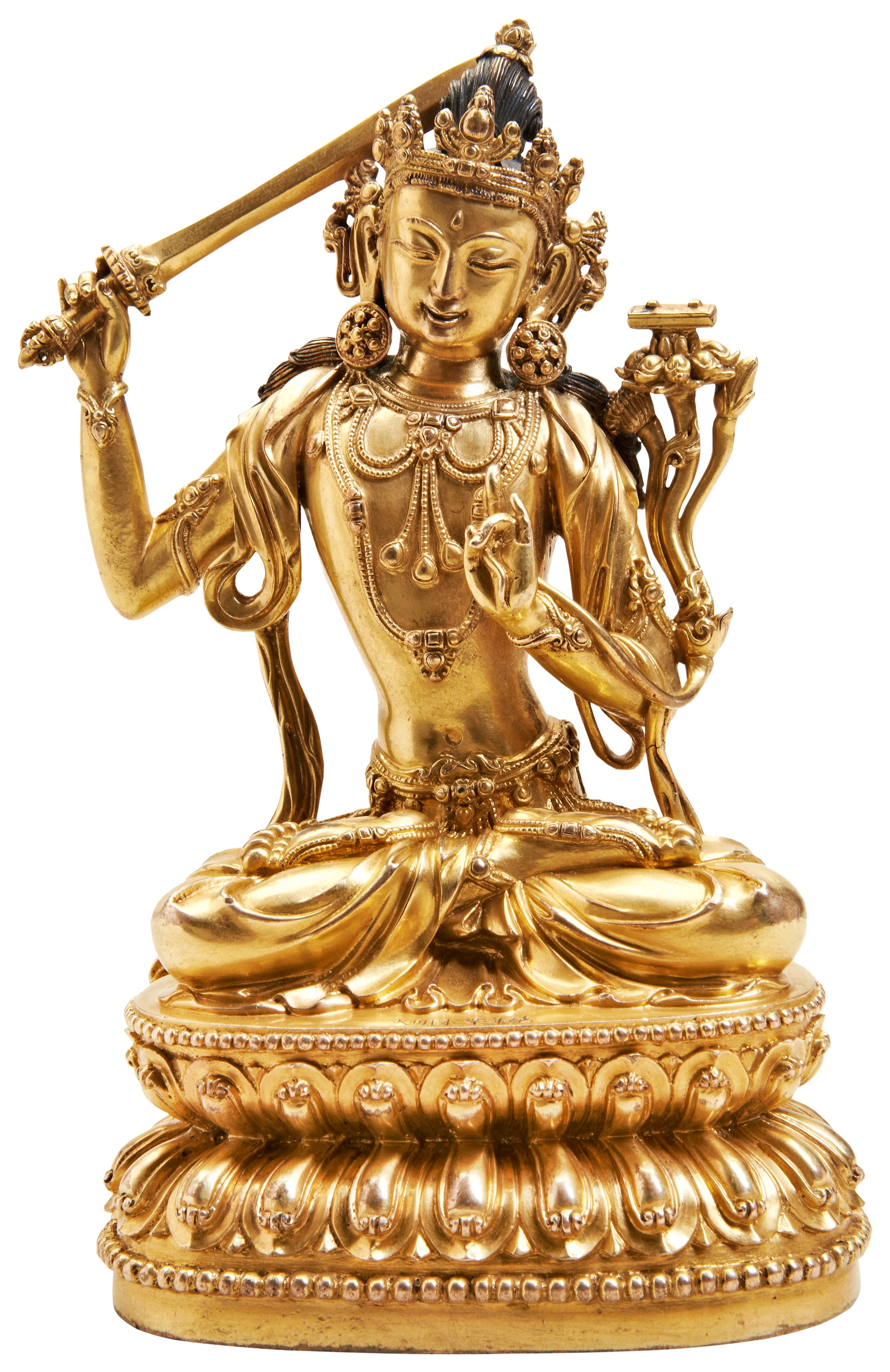 A FINE GILT BRONZE FIGURE OF MANJUSHRI YONGLE SIX CHARACTER MARK AND PROBABLY OF THE PERIOD  明